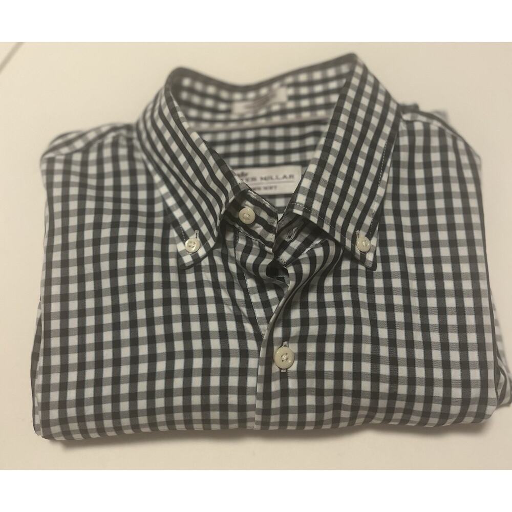 Peter Millar Crown Soft Black Check LS Mens Shirt Cotton / Silk Pre-Owned